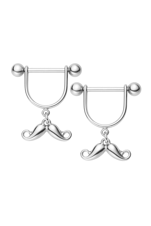 14G Surgical Steel & Titanium Mustache Charm Dangle Barbell Nipple Ring Shield Stirrup Jewelry 12mm 14mm 16mm Sold as Pair