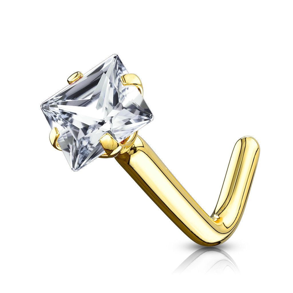 Luxe Modz 14Kt Gold Nose Ring L-Bend with Clear Square Jewel 20g Nose Piercing Jewelry