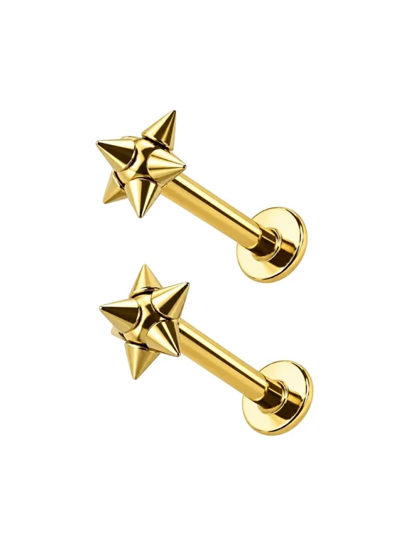 16G PVD Gold Spike Labret Flat Back Stud Piercings Jewelry for Women Men Sold as Pair