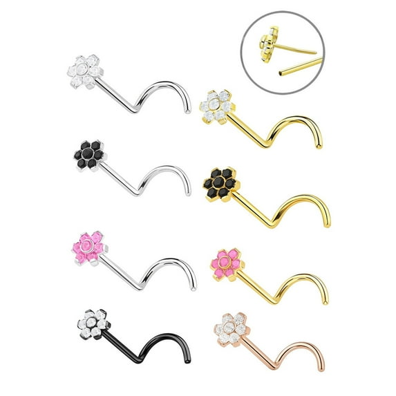 Luxe Modz 18G 20G Threadless Push In 7-stone CZ Flower Nose Screw Studs Rings Nostrial Piercing Jewelry 1/4" 6mm for Men Women - Sold Individually