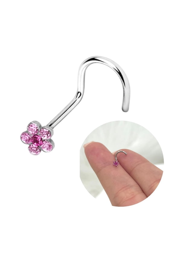 20G 18G Top Pink CZ Flower Cork Screw Surgical Steel Nose Stud Ring Nostril Piercing Jewelry 6mm Women Men