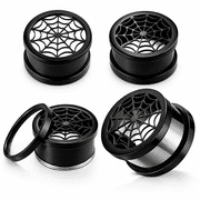 Luxe Modz 2G to 1" PVD Black Spider Web Screw Fit Ear Gauges Tunnels Plugs Piercing Jewelry for Women Men - Sold as Pair