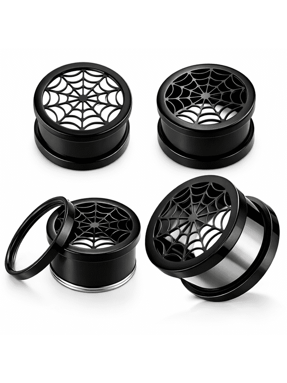 2G to 1" PVD Black Spider Web Screw Fit Ear Gauges Tunnels Plugs Piercing Jewelry for Women Men - Sold as Pair