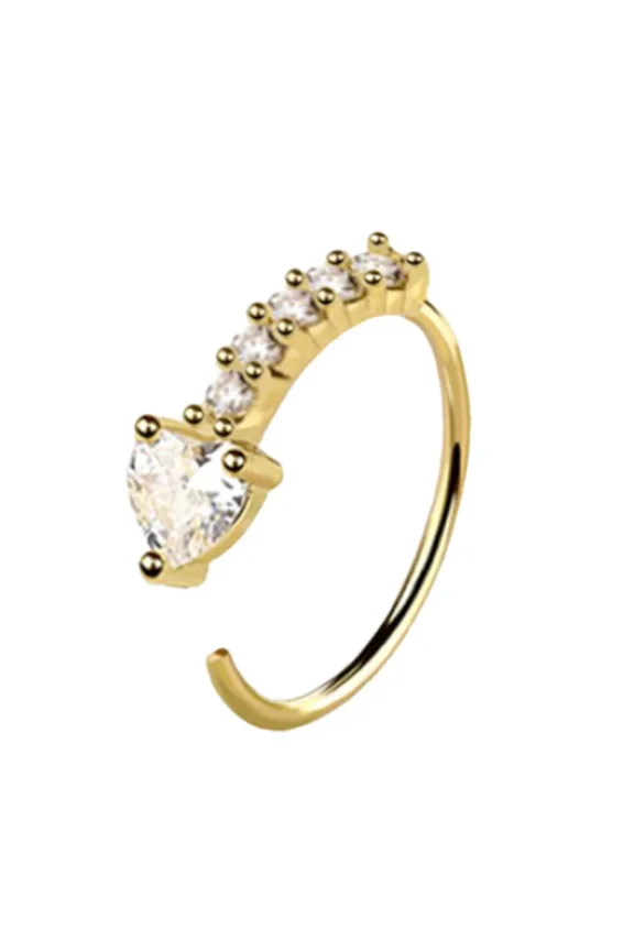 316L Surgical Steel Lined CZ Heart End Nose Ring Hoop Nostril Piercing Jewelry