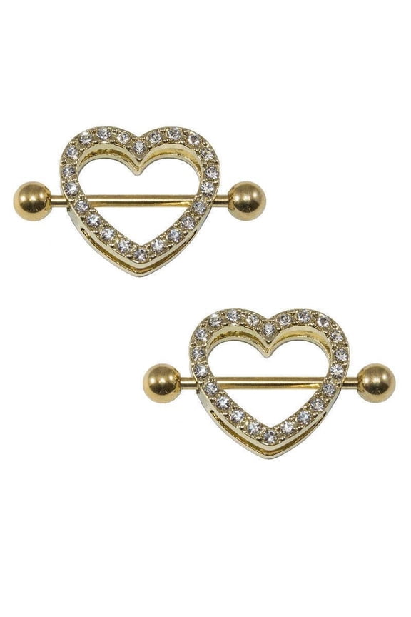 Gold Heart Nipple Rings Shield 14 Gauge Anodized with CZ Gems Sold as Pair
