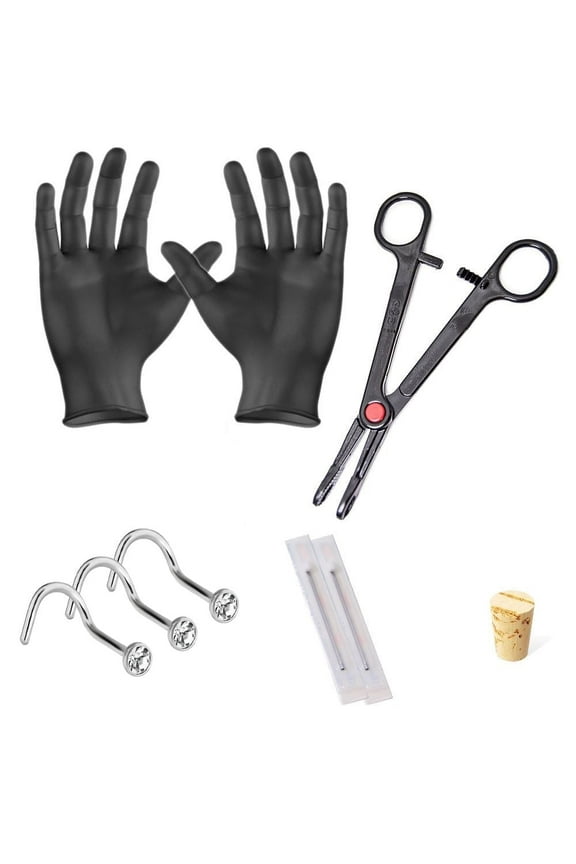 Nose Piercing Kit - 20ga Nose Studs, 20ga Needles, Forceps, Large Gloves & Cork