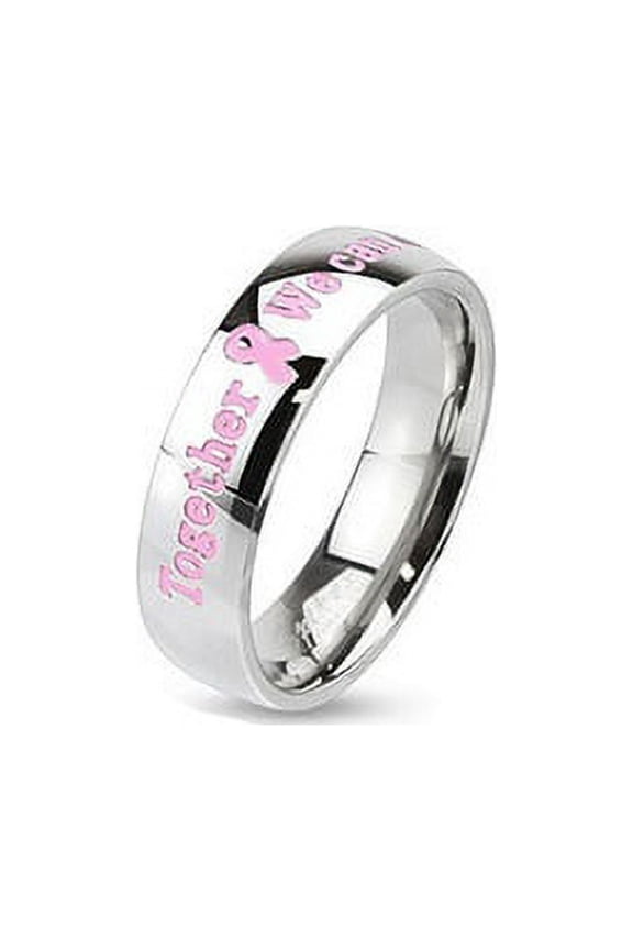 Pink Awareness Stainless Steel Dome Band Ring With Epoxy Lettersv