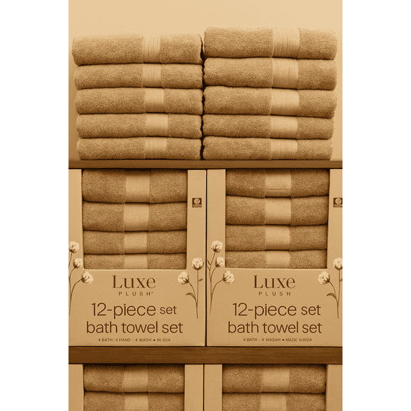Luxe Plush 12-Piece 100% Cotton Towel Set Ultra Soft & Absorbent, Beige Stripe
