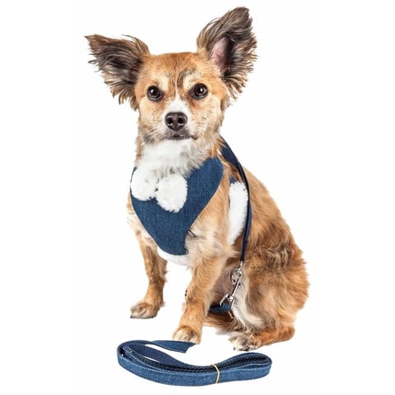 Luxe Pom Draper 2-in-1 Mesh Reversed Adjustable Dog Harness-Leash with Pom-Pom Bowtie, Navy Blue - Extra Small