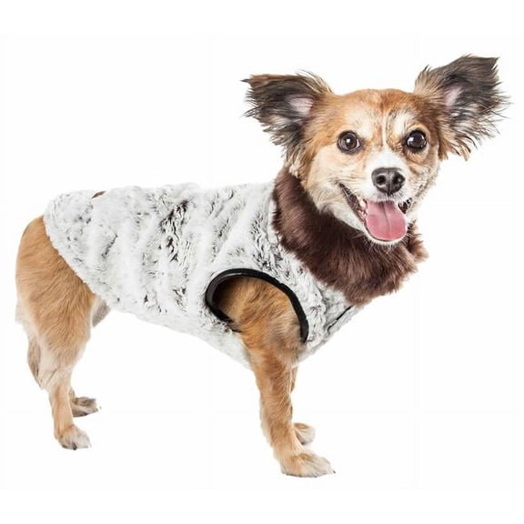 Luxe Purrlage Pelage Designer Fur Dog Coat Jacket - White & Brown, Large