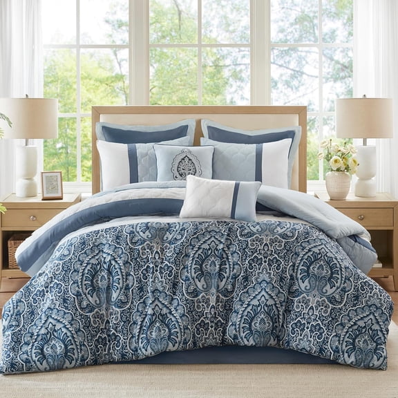 Luxe Quilted Comforter Set Blue Shawnee Scrollwork Queen Bedding Ensemble