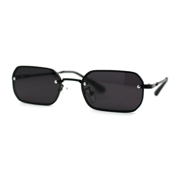 Luxe Rimless Narror Rectangle Pimp Rapper Sunglasses All Black