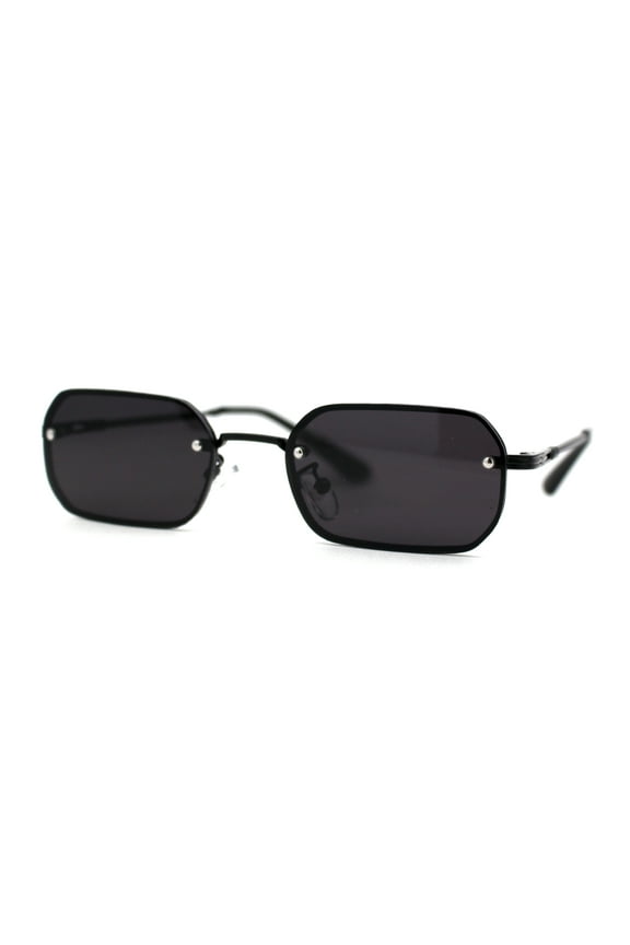 Luxe Rimless Narror Rectangle Pimp Rapper Sunglasses All Black