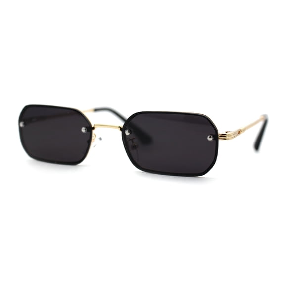 Luxe Rimless Narror Rectangle Pimp Rapper Sunglasses Gold Black