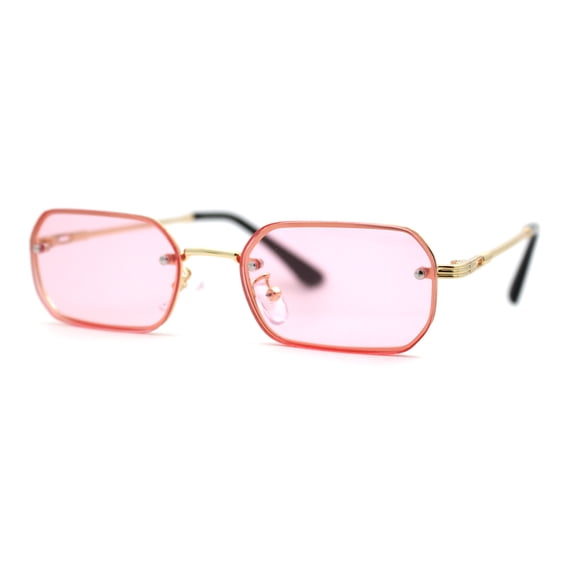 Luxe Rimless Narror Rectangle Pimp Rapper Sunglasses Gold Pink