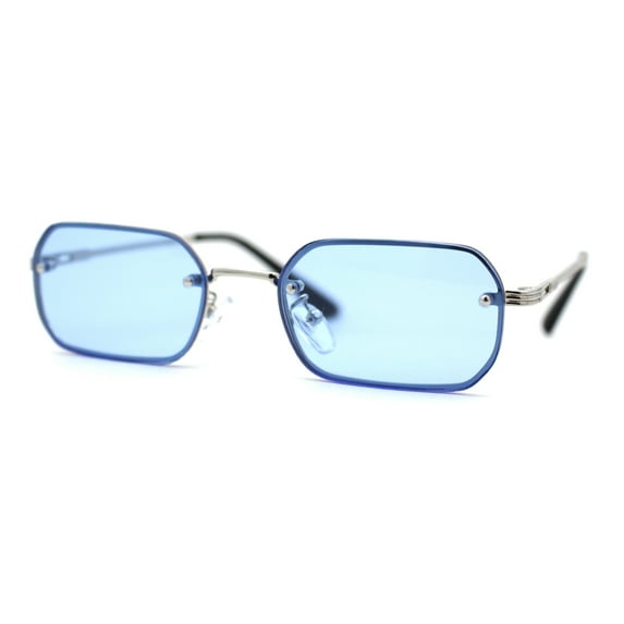 Luxe Rimless Narror Rectangle Pimp Rapper Sunglasses Silver Blue