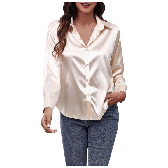 Luxe Satin-Effect Shirt for Women, Long Sleeve Solid Color Blouse with Imitation Silk Fabric, Elegant Loose Fit Top for Office & Evening Wear,Champagne L