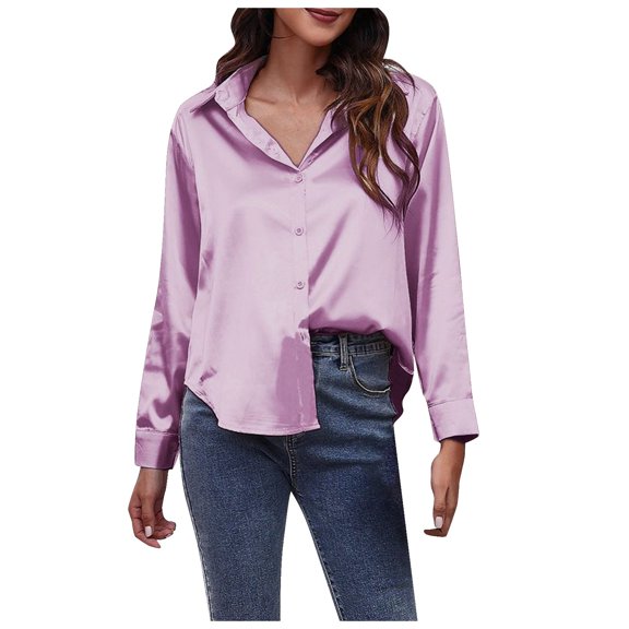 Luxe Satin-Effect Shirt for Women, Long Sleeve Solid Color Blouse with Imitation Silk Fabric, Elegant Loose Fit Top for Office & Evening Wear,Purple XL