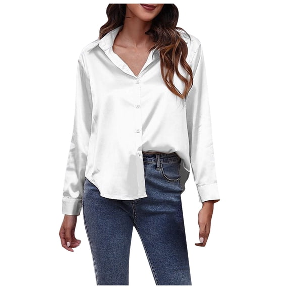 Luxe Satin-Effect Shirt for Women, Long Sleeve Solid Color Blouse with Imitation Silk Fabric, Elegant Loose Fit Top for Office & Evening Wear,White XL