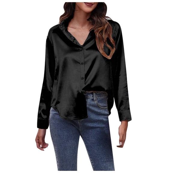 Luxe Satin-Effect Shirt for Women, Long Sleeve Solid Color Blouse with Imitation Silk Fabric, Elegant Loose Fit Top for Office & Evening Wear,Black M