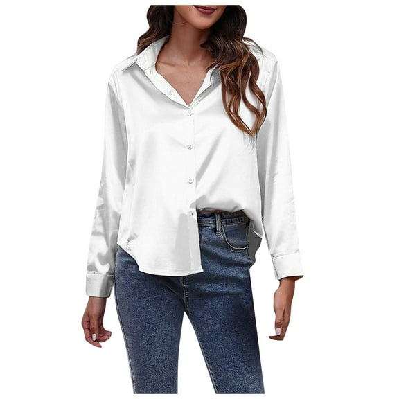 Luxe Satin-Effect Shirt for Women, Long Sleeve Solid Color Blouse with Imitation Silk Fabric, Elegant Loose Fit Top for Office & Evening Wear,White S