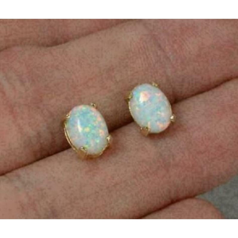 Luxe Solitaire Oval Cut&nbsp;Fire Opal&nbsp;Gemstone&nbsp;Stud Earrings For Women In 925 Sterling Silver 14K Yellow Gold Over