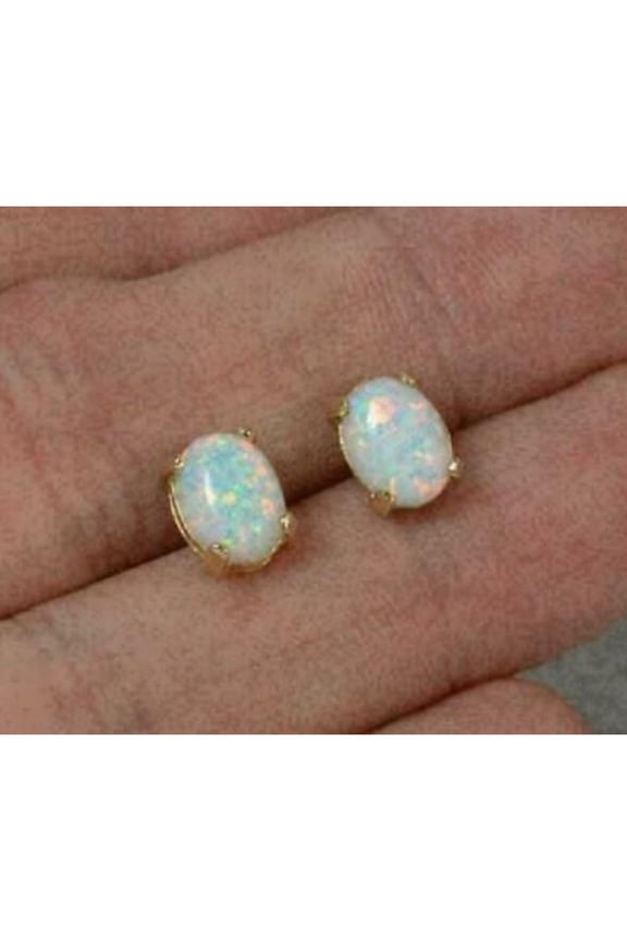 Solitaire Oval Cut Fire Opal Gemstone Stud Earrings For Women In 925 Sterling Silver 14K Yellow Gold Over