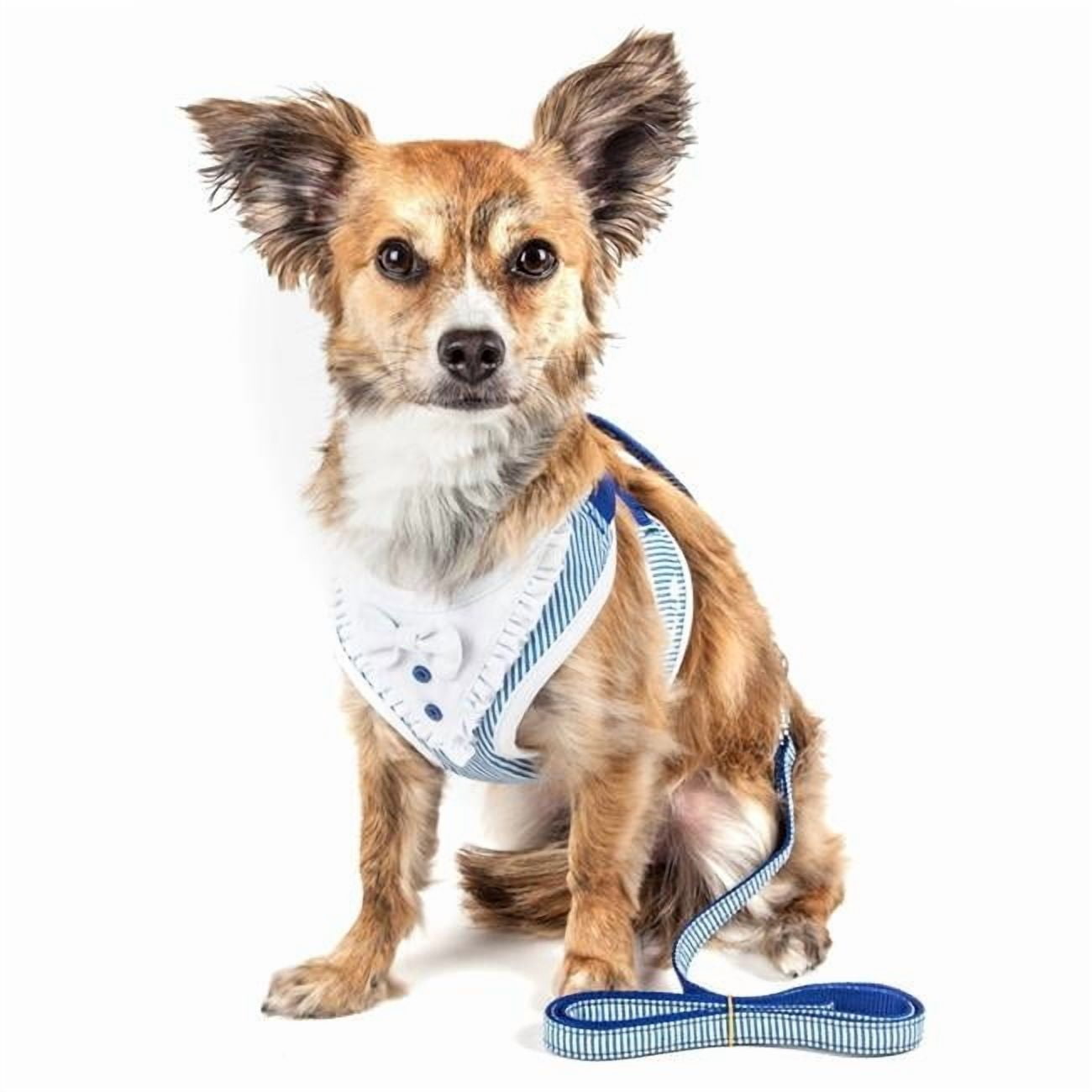 Luxe Spawling 2-in-1 Mesh Reversed Adjustable Dog Harness-Leash with Fashion Bowtie, Blue - Extra Small