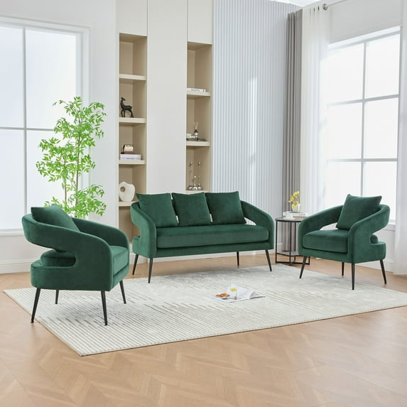 Luxe Velvet 3-Piece Living Room Set: Mid-Century Modern Green Loveseat & 2 Accent Chairs with Metal Legs, Perfect for Apartments, Offices & Bedrooms, Easy Assembly