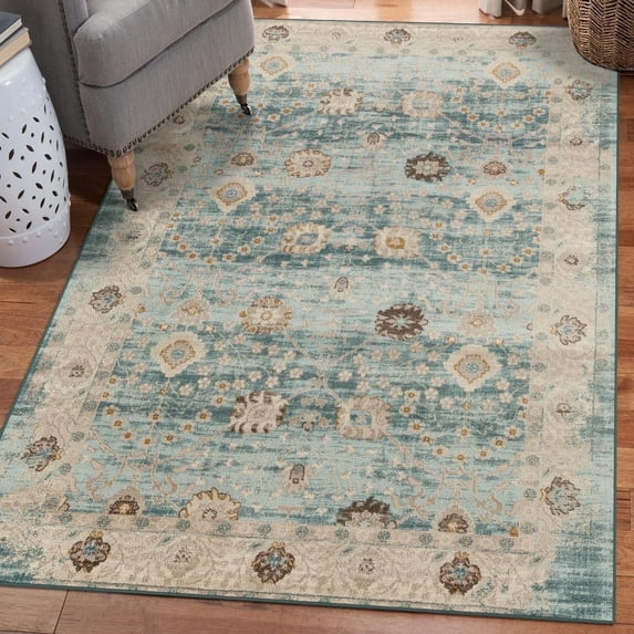 Luxe Weaver Floral Distressed Blue 5x7 Vintage Living Room Area Rug