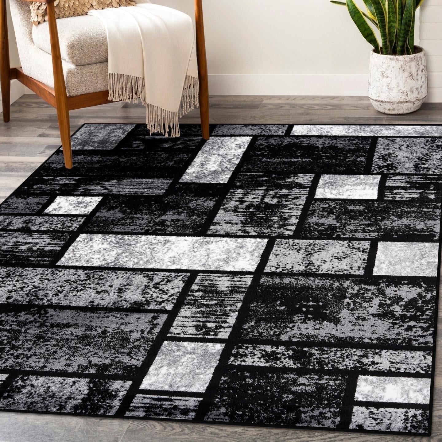 Gray and Black Geometric Modern Synthetic Area Rug