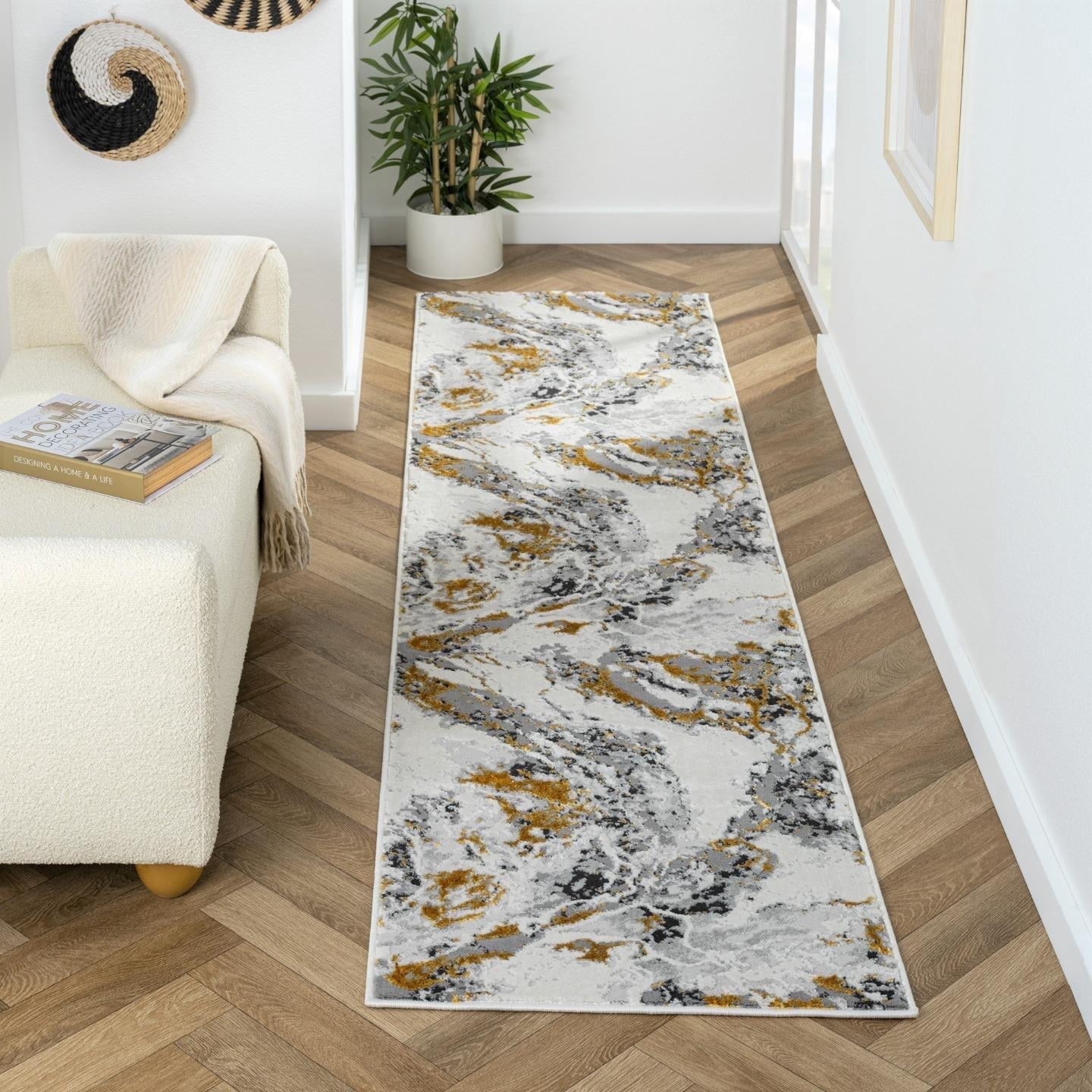 Luxe Weavers Abstract Marble Gold 2x8 Runner Area Rug for Hallway
