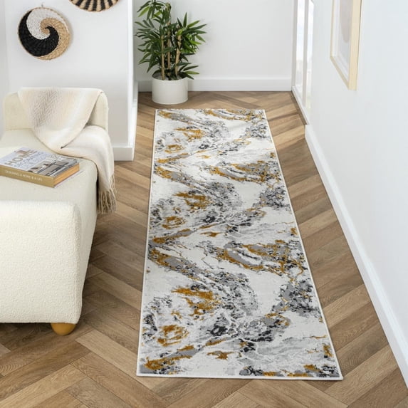 Luxe Weavers Abstract Marble Gold 2x8 Runner Area Rug for Hallway