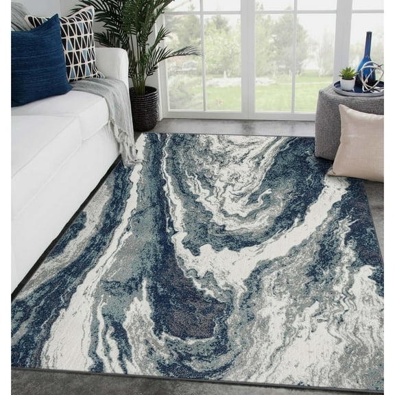 Luxe Weavers  Abstract Wavy Marble Swirl Area Rug, Stain-Resistant Carpet 8' x 10' - Blue