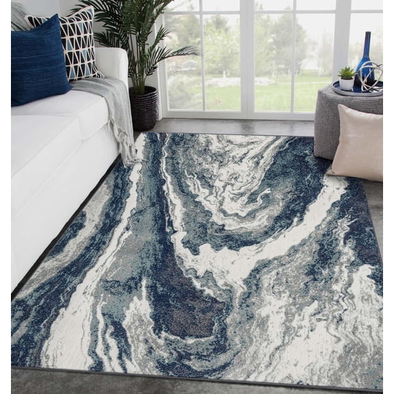 Luxe Weavers Abstract Wavy Marble Swirl Blue 8x10 Area Rug, Stain-Resistant Carpet