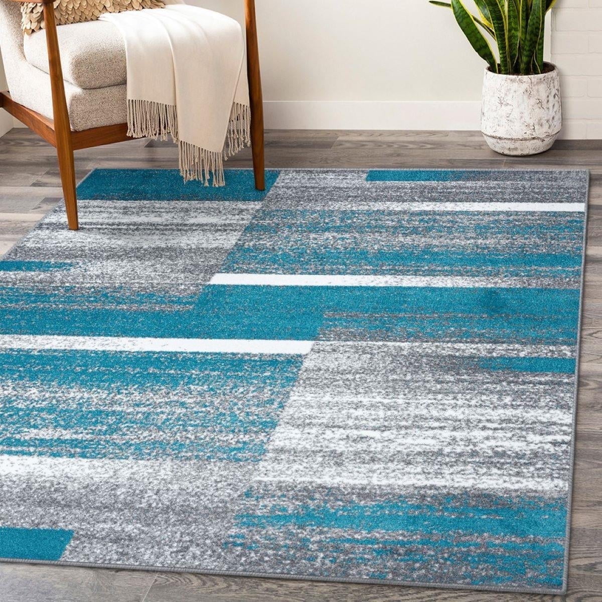 Turquoise and Gray Geometric Synthetic 2' x 7' Area Rug