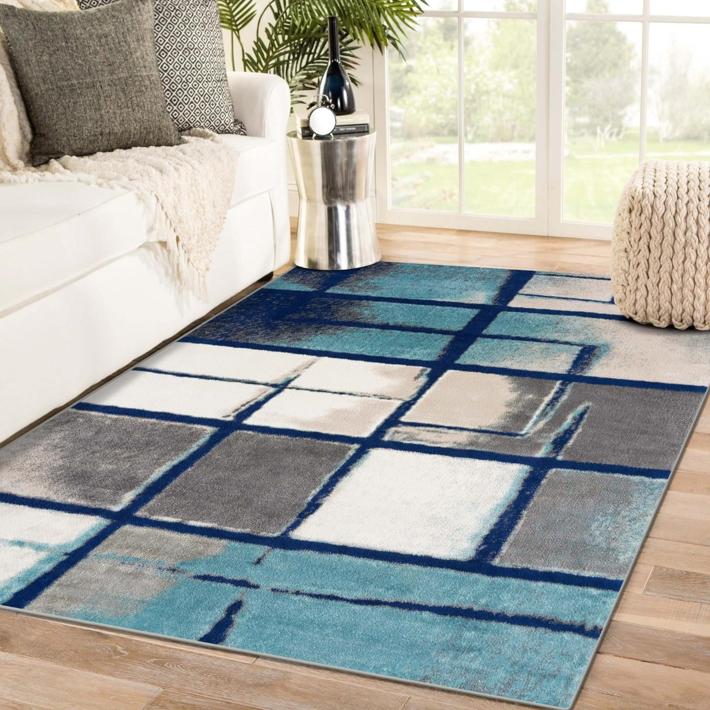 Blue Geometric 9' x 12' Stain-Resistant Synthetic Area Rug