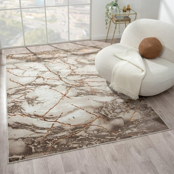 Luxe Weavers Beige 4x5 Marble Abstract Area Rug Gold, Stain-Resistant Carpet