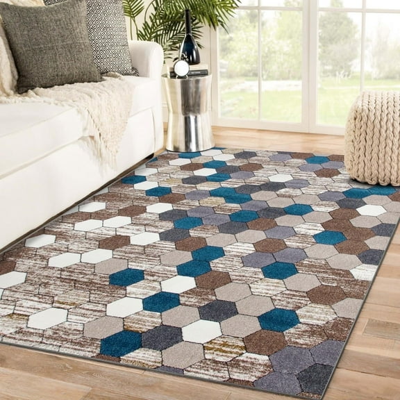 Luxe Weavers Beige Aqua Modern Geometric Area Rug 5'x7' Size Carpet
