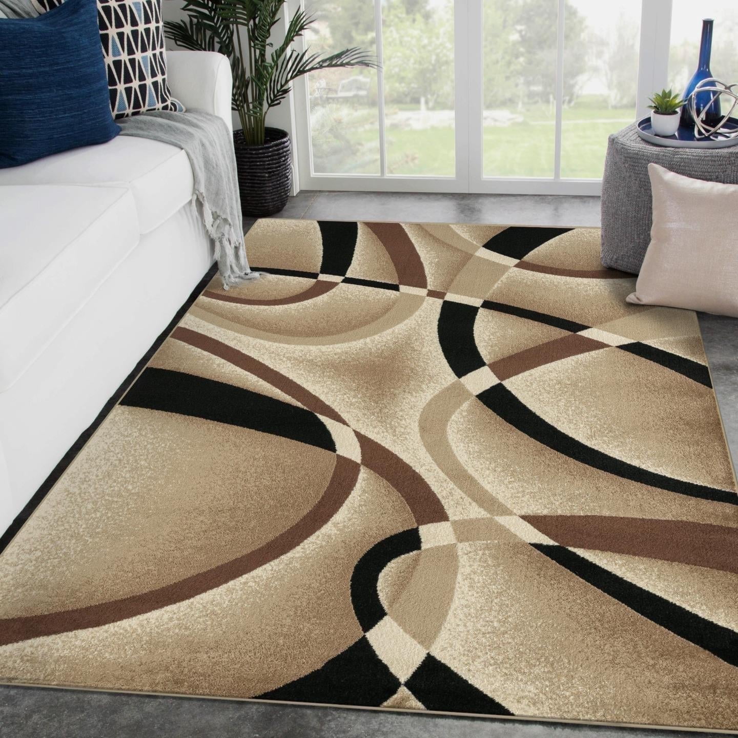 Beige and Black Abstract Geometric Synthetic Runner Rug