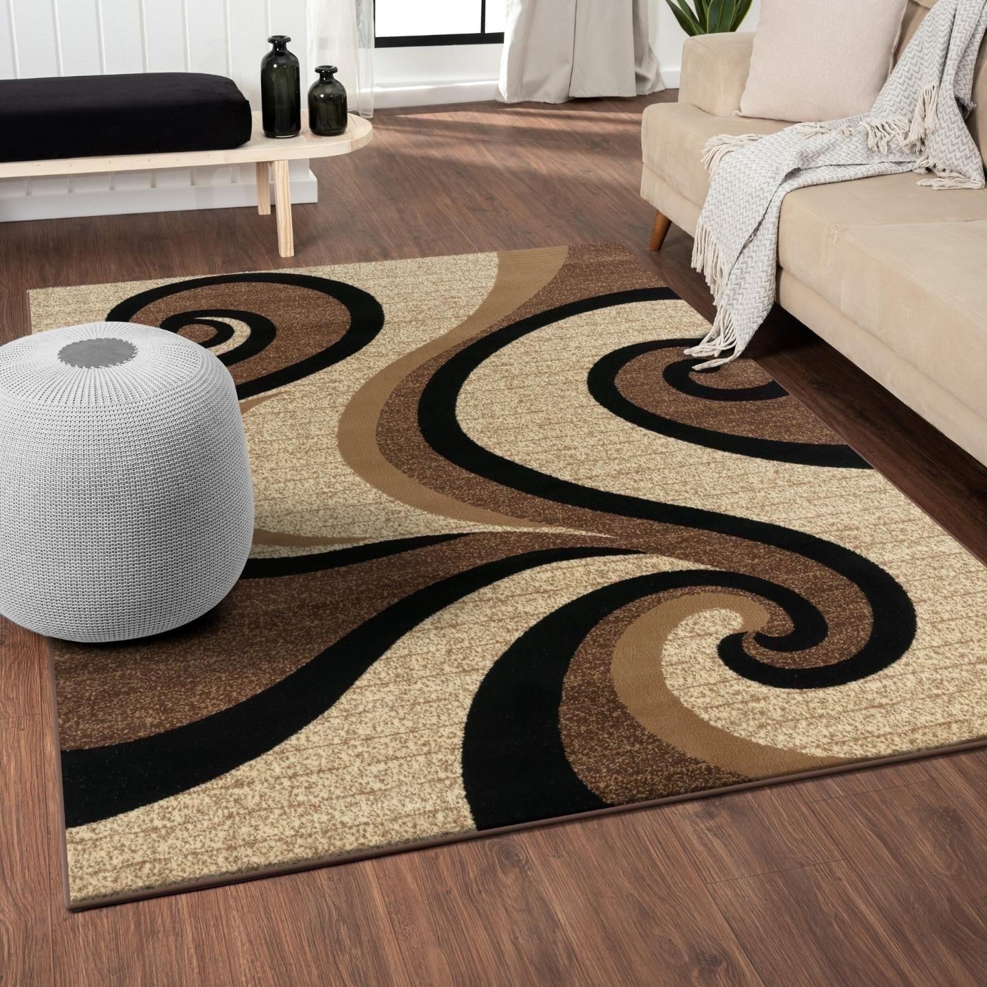 Beige and Brown Swirl Pattern Rectangular Synthetic Area Rug 5' x 7'