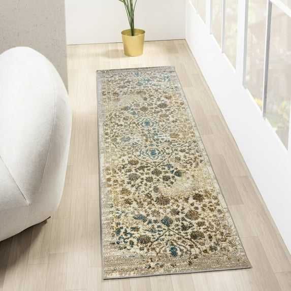 Luxe Weavers Beverly Collection Distressed Floral Area Rug 6495 Cream 2x7