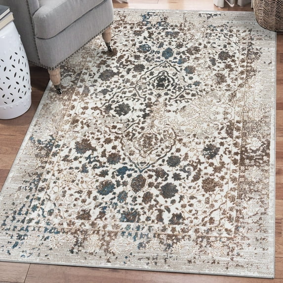 Luxe Weavers Beverly Collection Distressed Floral Area Rug 6495 Cream 5x7