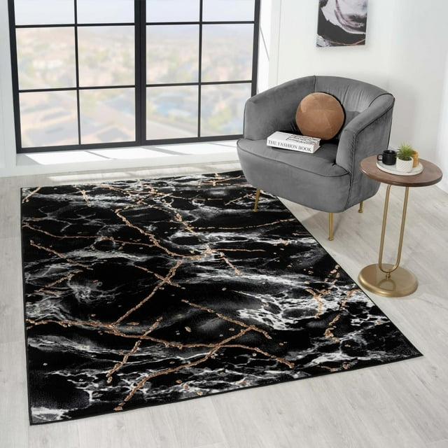 Luxe Weavers Black 4x5 Marble Abstract Area Rug Gold, Stain-Resistant ...