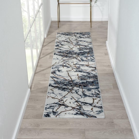 Luxe Weavers Blue 2x7 Marble Abstract Area Rug Gold, Stain-Resistant Carpet