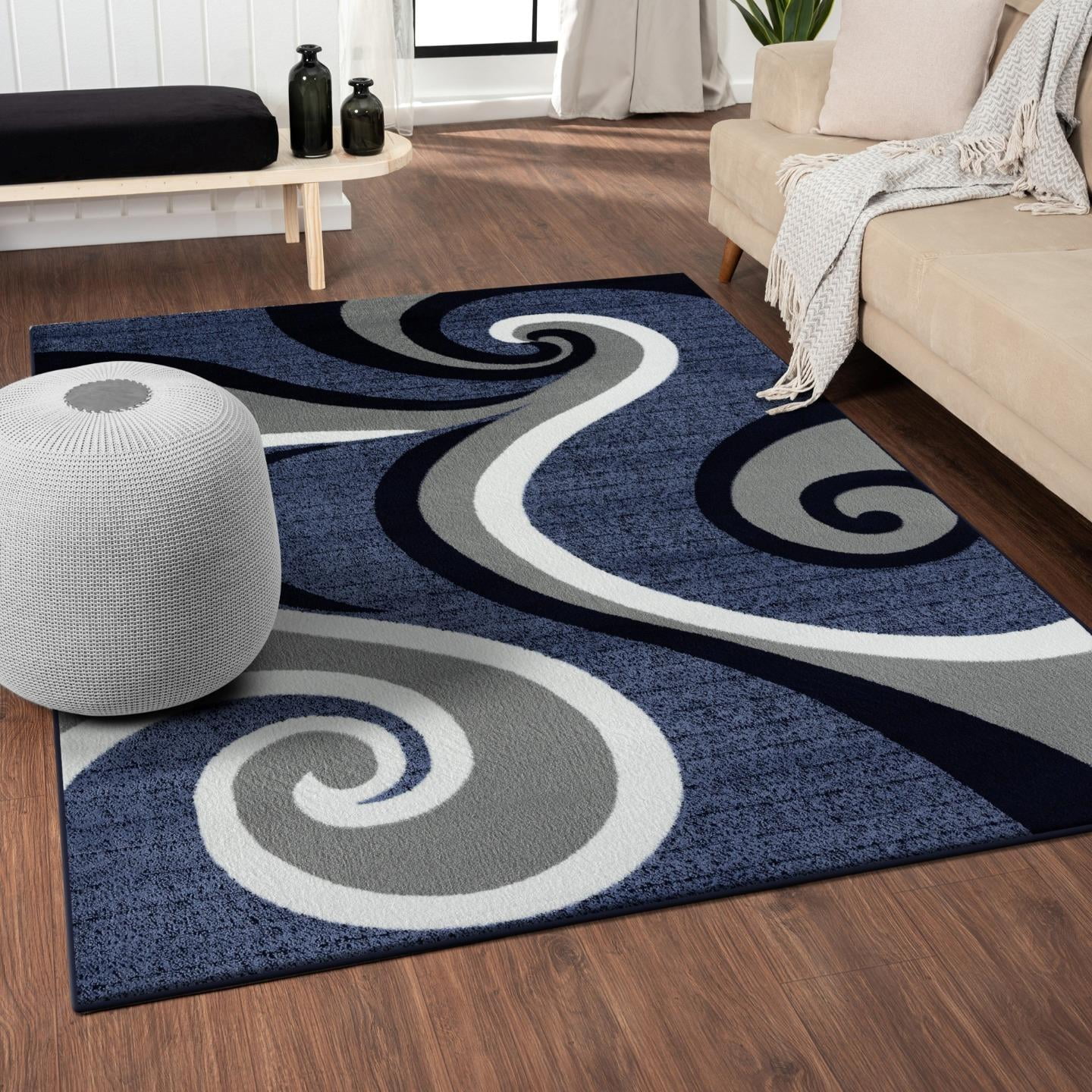 Abstract Swirls Blue Synthetic Easy-Care Area Rug 4' x 5'