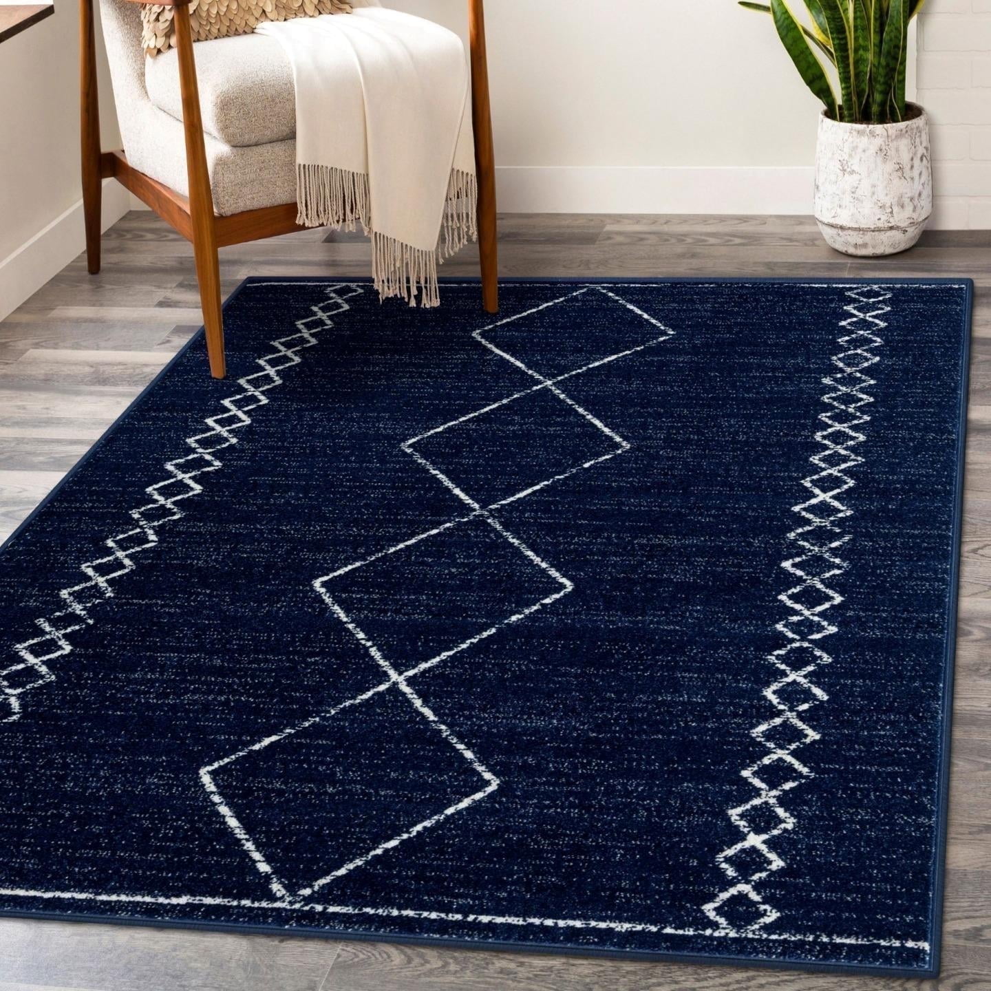 Navy Geometric 8' x 10' Stain-Resistant Synthetic Area Rug