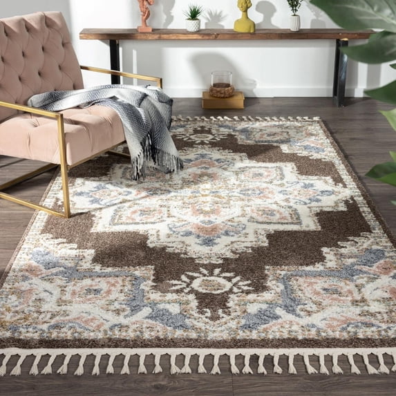 Luxe Weavers Brown 8x10 Southwestern Medallion Area Rug, Stain Resistant Fringe Carpet