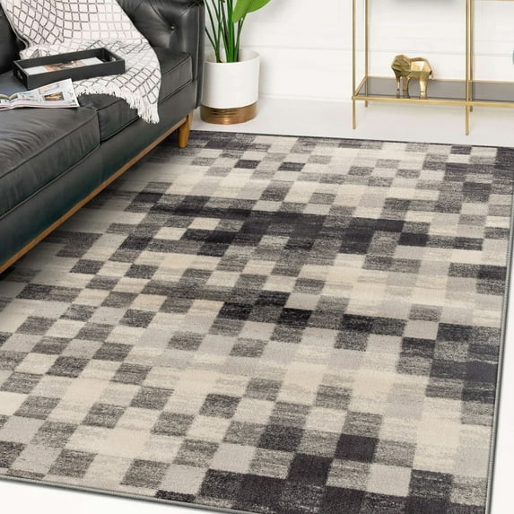 Luxe Weavers Checkered Area Rug Silver 5x7, Stain Resistant Modern Farmhouse Rug