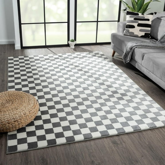 Luxe Weavers Checkered Gray and White 5x7 Geometric Abstract Area Rug